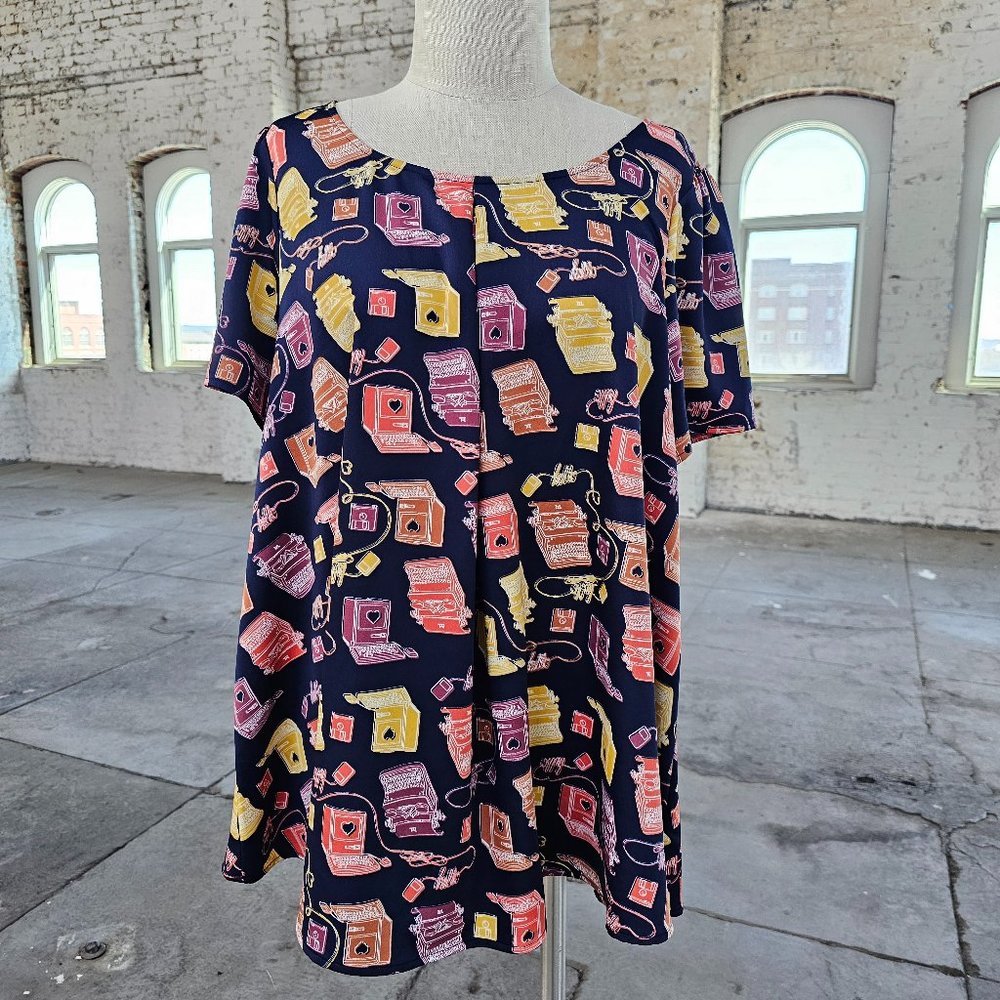 Modcloth Typewriter Print Navy Blue Blouse 2XL